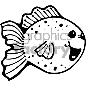 The image is a simple black and white clipart of a fish. The fish has a pattern of spots and stripes, a prominent dorsal fin, and a friendly, cartoonish face with an open mouth as if it's smiling.