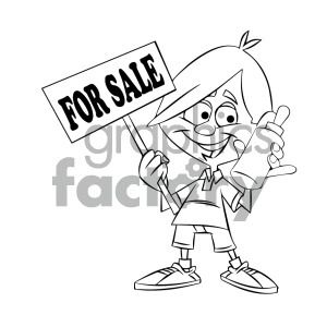 Black and white clipart of a cartoon character holding a 'FOR SALE' sign and a bottle.