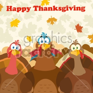 Thanksgiving Turkeys Cartoon Mascot Characters Vector Illustration Flat Design Over Background With Autumn Leaves And Text Happy Thanksgiving