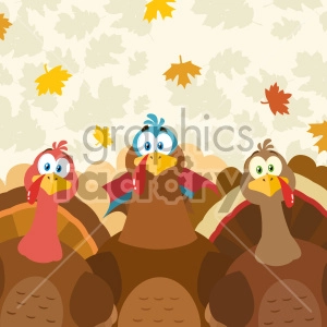 Thanksgiving Turkeys Cartoon Mascot Characters Vector Illustration Flat Design Over Background With Autumn Leaves