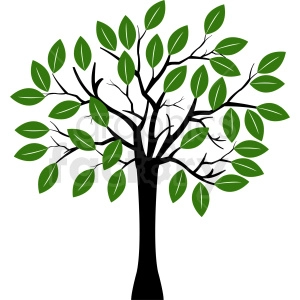 The clipart image depicts a tree with a lot of leaves. The tree has a thick trunk and branches that spread outwards, and it is surrounded by grass and small plants. The image suggests a natural outdoor setting, perhaps a forest or park.