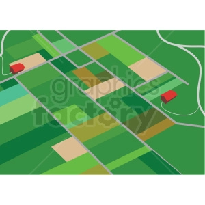 The clipart image depicts an aerial view of a farm or agricultural land. There are fields with crops, a barn, and some trees visible in the image. There is no city or urban area visible in the image.
