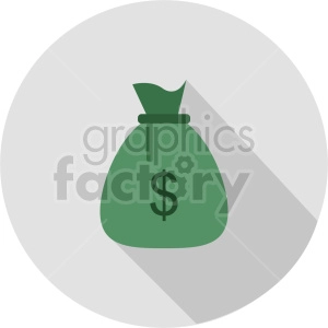 Clipart image of a green money bag with a dollar sign on it, set against a light grey circular background.