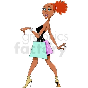 The clipart image shows a cartoon depiction of an African American woman who is shopping. She is depicted holding a shopping bag. The image appears to be intended as a lighthearted representation of an African American woman engaged in shopping activity.