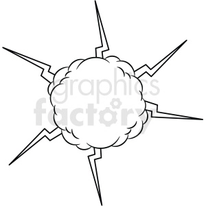 A black and white clipart image of an explosion or impact shape, characterized by a cloud-like center with jagged lines extending outward.