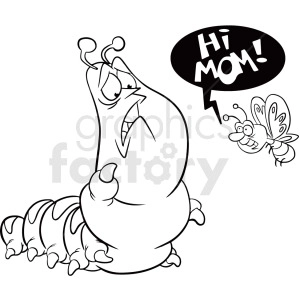 The clipart image depicts a cartoon caterpillar with an astonished or surprised expression looking at a smaller butterfly that is flying near it and speaking with a speech bubble that says Hi MOM! The image captures a whimsical representation of a caterpillar and butterfly, humorously suggesting a family relationship between the two, given the metamorphosis process from caterpillar to butterfly. There is no leaf or chrysalis visible in the image.