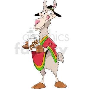 This clipart image depicts a cartoon llama wearing a hat, a colorful outfit with red, yellow, and green, which might suggest a fun or whimsical theme. The llama is standing upright on two legs in a human-like manner and drinking from a white mug with the word COFFE written on it.