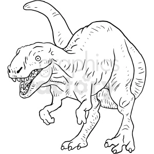 This is a black and white clipart image of a Tyrannosaurus Rex (T-Rex) dinosaur. It features a side profile view of the dinosaur with its mouth open, showcasing its sharp teeth, and its short arms visible.