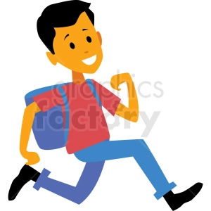 The clipart image depicts a young boy in a blue shirt and red shorts hurrying to get to school. He is shown running with his backpack on his back. The image suggests that the boy is running late for school.

