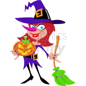 The clipart image shows a cartoon witch in celebration of Halloween. The witch is depicted with fair skin, long wavy hair, and wearing a purple hat and dress. She is shown holding a broomstick and has a mischievous expression on her face.
