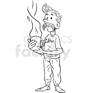 The clipart image shows a black and white silhouette of a man holding a coffee cup in his hand. The image is depicting a person starting their day by enjoying a cup of coffee.
