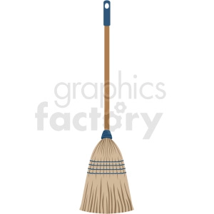 The clipart image shows a household broom, which is a cleaning tool used for sweeping and removing dirt and debris from floors. It appears to be made of wood with bristles made of either straw or synthetic material. The broom is leaning against a wall, suggesting it is not currently in use.
