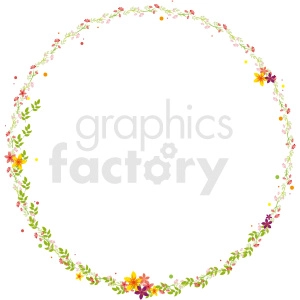 A circular floral wreath clipart featuring various colorful flowers and green leaves arranged in a delicate, ornate pattern.