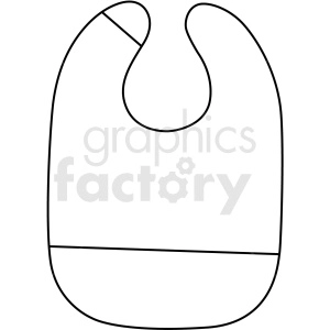 A simple black and white clipart image of a baby bib with a neck opening and a pocket at the bottom.