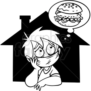 black and white quarantined kid dreaming of cheese burger vector clipart