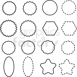 Clipart image featuring various geometric shapes and frames, including circles, ovals, hexagons, stars, and decorative edges in both solid and dashed outlines.