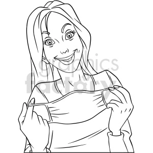 A clipart image of a woman putting on a face mask, depicted in a line art style. The woman is smiling and holding the mask with both hands.