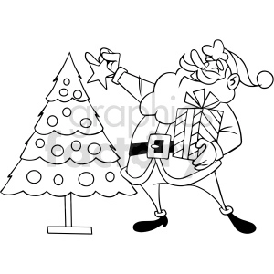 black and white cartoon Santa Clause decorating tree clipart