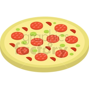 Clipart image of a pizza with pepperoni and other toppings.
