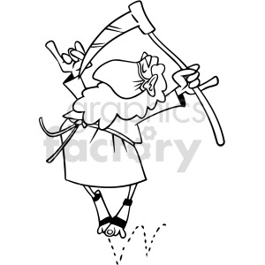 The clipart image shows a cartoon version of Father Time, a personification of the old year, wearing a mask and dancing. The image is in black and white and may be associated with the celebration of the new year.
