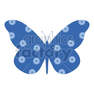 The image depicts a stylized blue butterfly with a pattern of white flowers on its wings. The butterfly is symmetrical and illustrated in a simple, flat graphic style.