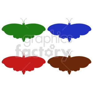 The image contains four simple, colored butterfly silhouettes. Each butterfly is a different color: green, blue, red, and brown. They are depicted with symmetrical wings and antennae.