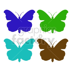 The clipart image contains four stylized butterflies, each in a different solid color: purple, green, light blue, and brown. They are depicted with their wings spread, showcasing a simplistic and symmetrical design typical for clipart representations.