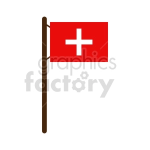 The image shows a clipart of the Swiss flag on a flagpole. The flag is square with a red background and a white cross in the center, which is the national emblem of Switzerland.