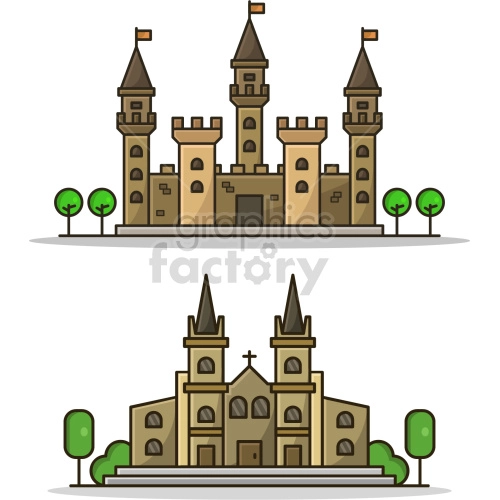 Clipart image depicting two different types of historical buildings: a castle with multiple towers and flags on top, and a church with two steeples and a cross on the front.