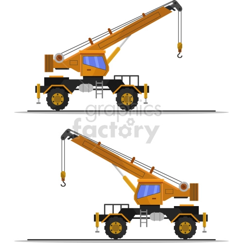 Clipart image of a yellow construction crane truck, showing two different views or positions of the crane arm.