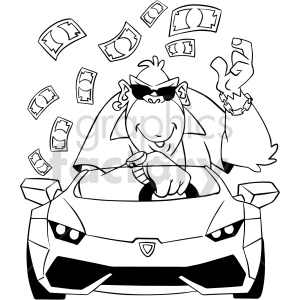 A humorous clipart image of a cool gorilla wearing sunglasses and a wristwatch, driving a sports car with money flying around.