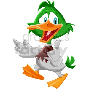 A cheerful cartoon duck with a green head, orange beak, and yellow webbed feet, giving a thumbs-up gesture.