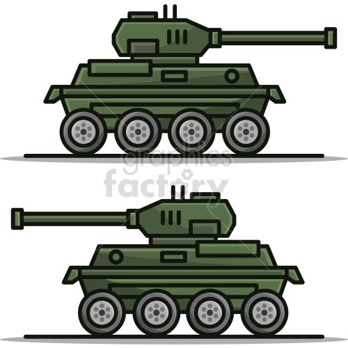 Illustration of two green armored tanks with eight wheels. The tanks have long barrels and are depicted in a simple, cartoon-style drawing.