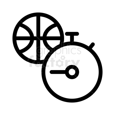 A minimalist black and white clipart image depicting a basketball and a stopwatch.