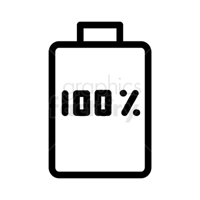 A black and white clipart image of a battery with a label indicating '100%', signifying a fully charged battery.