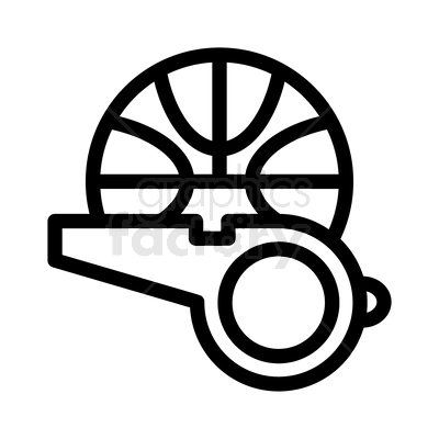 This clipart image depicts a whistle and a basketball. The whistle is used in sports officiating, while the basketball represents the game.