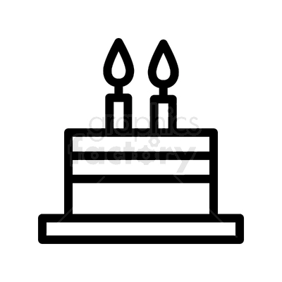 A black and white clipart image of a two-tier birthday cake with two lit candles on top.