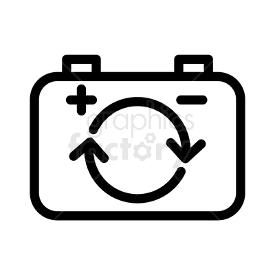 A black and white clipart image of a battery with a circular recycling arrow in the center, indicating battery recycling. The battery has plus and minus signs at the terminals.
