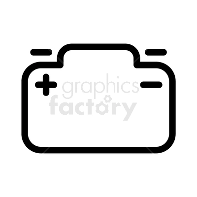 A simple clipart image of a car battery with a positive and negative terminal symbol. The image is depicted in black and white with a minimalistic design.