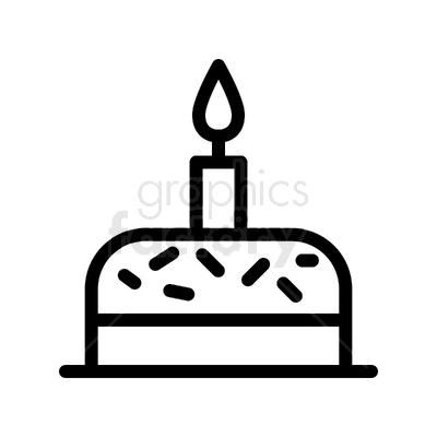 A simple black and white clipart image of a birthday cake with one lit candle on top.