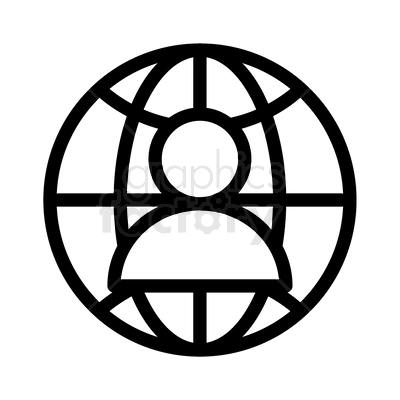 A black and white clipart image of a globe with a person icon centered inside it.
