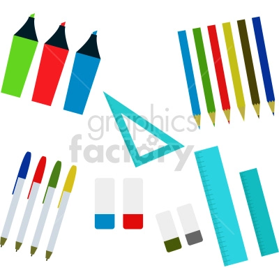 The clipart image shows a collection of art supplies commonly used in education, including colored pencils and markers. The objects are arranged in a random manner, with some overlapping each other. It is likely intended to illustrate the availability of these materials for use in art-related endeavors.
