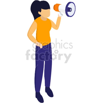 The clipart image depicts an illustration of a woman holding a megaphone, suggesting that she is making an announcement or leading a marketing campaign. The image could be used to represent concepts related to business, advertising, or marketing, as well as leadership and communication.