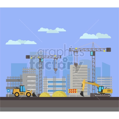 Clipart image of a construction site with heavy machinery and cranes operating around buildings under construction.