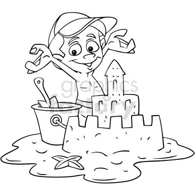 A child building a sandcastle on the beach. The clipart image shows a happy child wearing a cap, raising their arms joyfully in front of a sandcastle. A bucket and a small shovel are nearby, and there is a starfish on the ground.