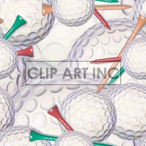 A clipart image featuring multiple golf balls and colorful golf tees. The image background consists of overlapping golf balls in various shades, with red, green, and orange golf tees scattered among them.