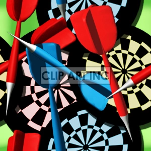 Clipart image featuring red and blue darts on checkered dartboards with a green background.