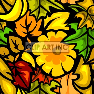 Colorful clipart image featuring yellow flowers and autumn leaves in various shades of green, red, orange, and yellow.