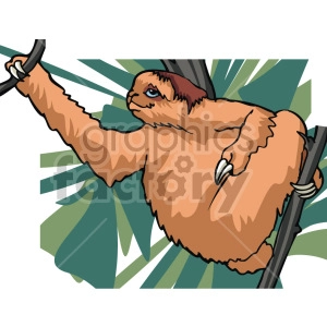The clipart image shows a sloth moving from one tree to another, using its long arms and claws to climb across a branch. The sloth seems to be taking its time, as sloths are known for their slow movements and relaxed demeanor.
