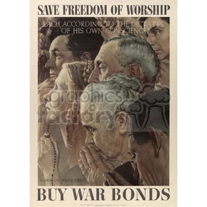 Clipart image depicts a group of people in prayer, underscored by the slogans 'SAVE FREEDOM OF WORSHIP' and 'BUY WAR BONDS'.